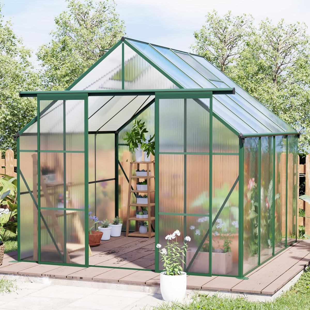 KEIKI 8x8 FT Double Door Polycarbonate Greenhouse with Aluminum Frame,Raised Base and Roof