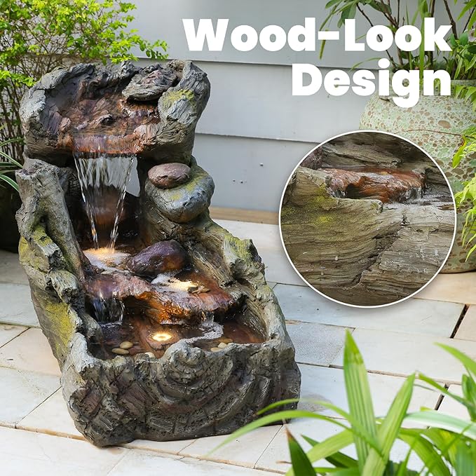 32.5" L Garden Outdoor Water Fountain, Floor Standing Cascading Realistic Tree Trunk Natural
