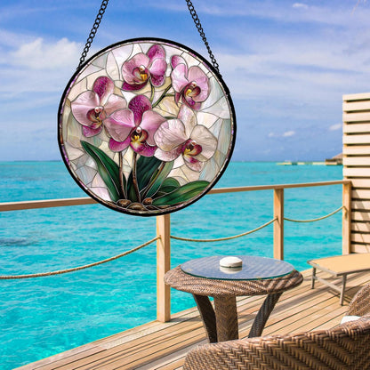 Stained Glass Window Hanging - Pink Purple Phalaenopsis Flowers Sun Catcher for Door Home Decor