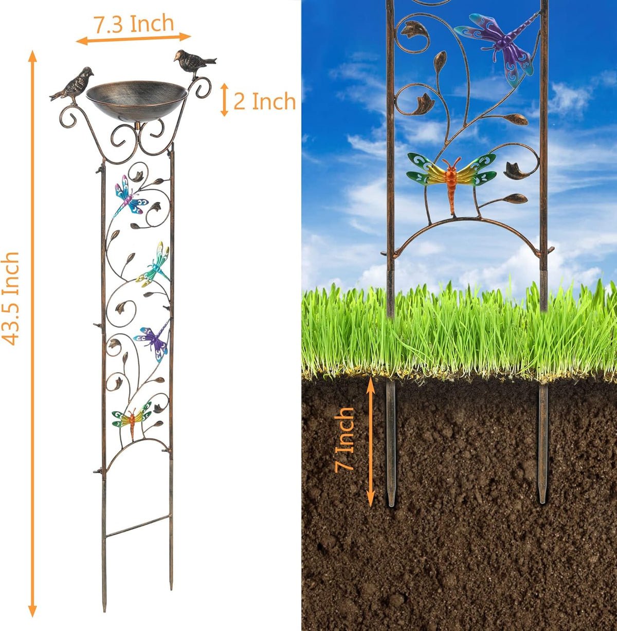 SUNNYPARK Bird Bath with Trellis Outdoor, Antique Garden Iron Plant Trellis with Decorative