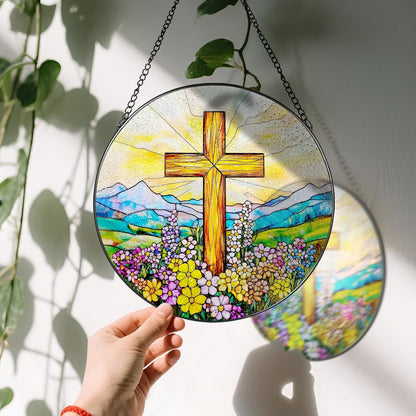 8 Inch Cross Wildflower Stained Glass Suncatcher, Christian Stained Glass Window Hanging, Religious