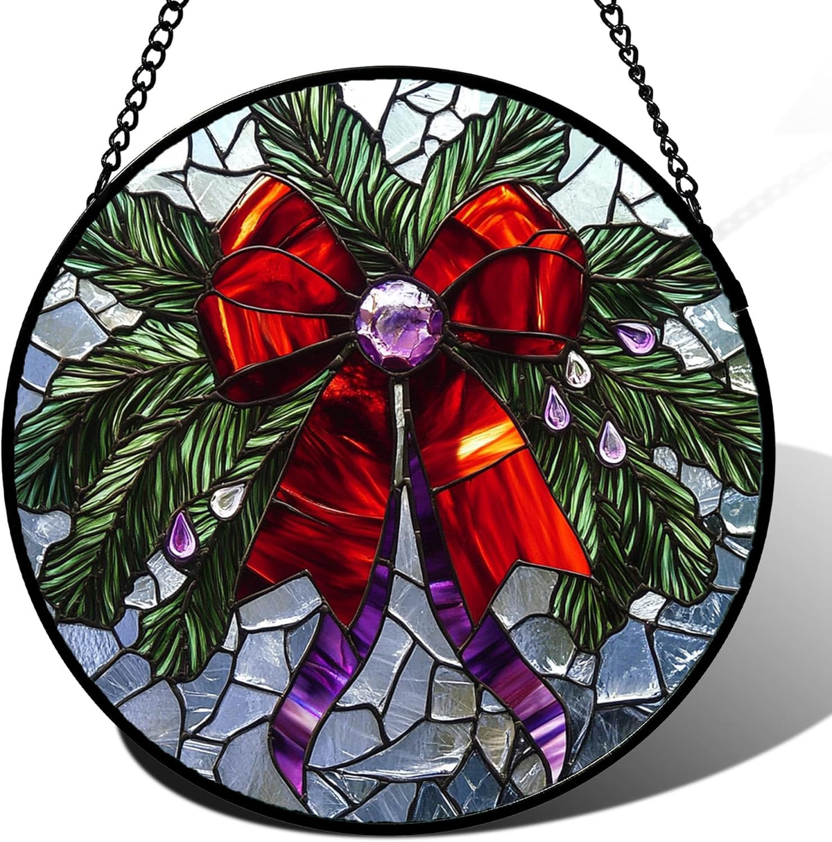 Stained Glass Window Hanging - Purple Gem Christmas Wreath Suncatcher for Doors Home Christmas