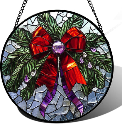 Stained Glass Window Hanging - Purple Gem Christmas Wreath Suncatcher for Doors Home Christmas