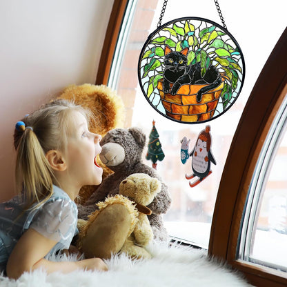 TNUW Black Cat Plant Stained Glass Window Hanging, Black Cat Botanical Sun Catchers Indoor Window