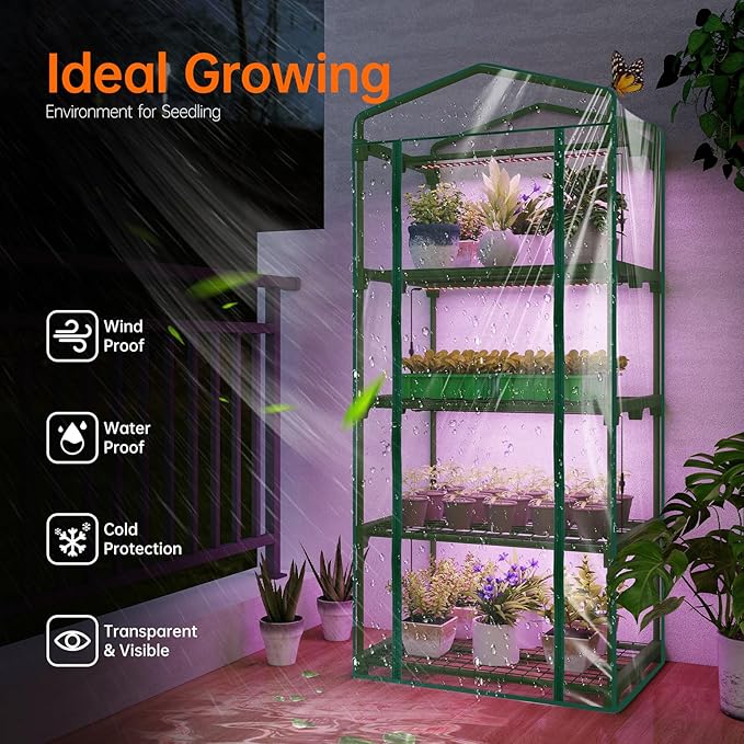 Bstrip Indoor Greenhouse with Grow Lights, 4 Tier 27.2" L×19.9" W×61.8" H Mini Greenhouse with