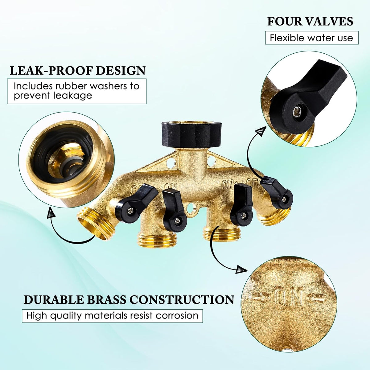 Dalmbox Garden Hose Splitter 4 Way, Water Hose Splitter, 3/4" Heavy-Duty Brass Garden Hose