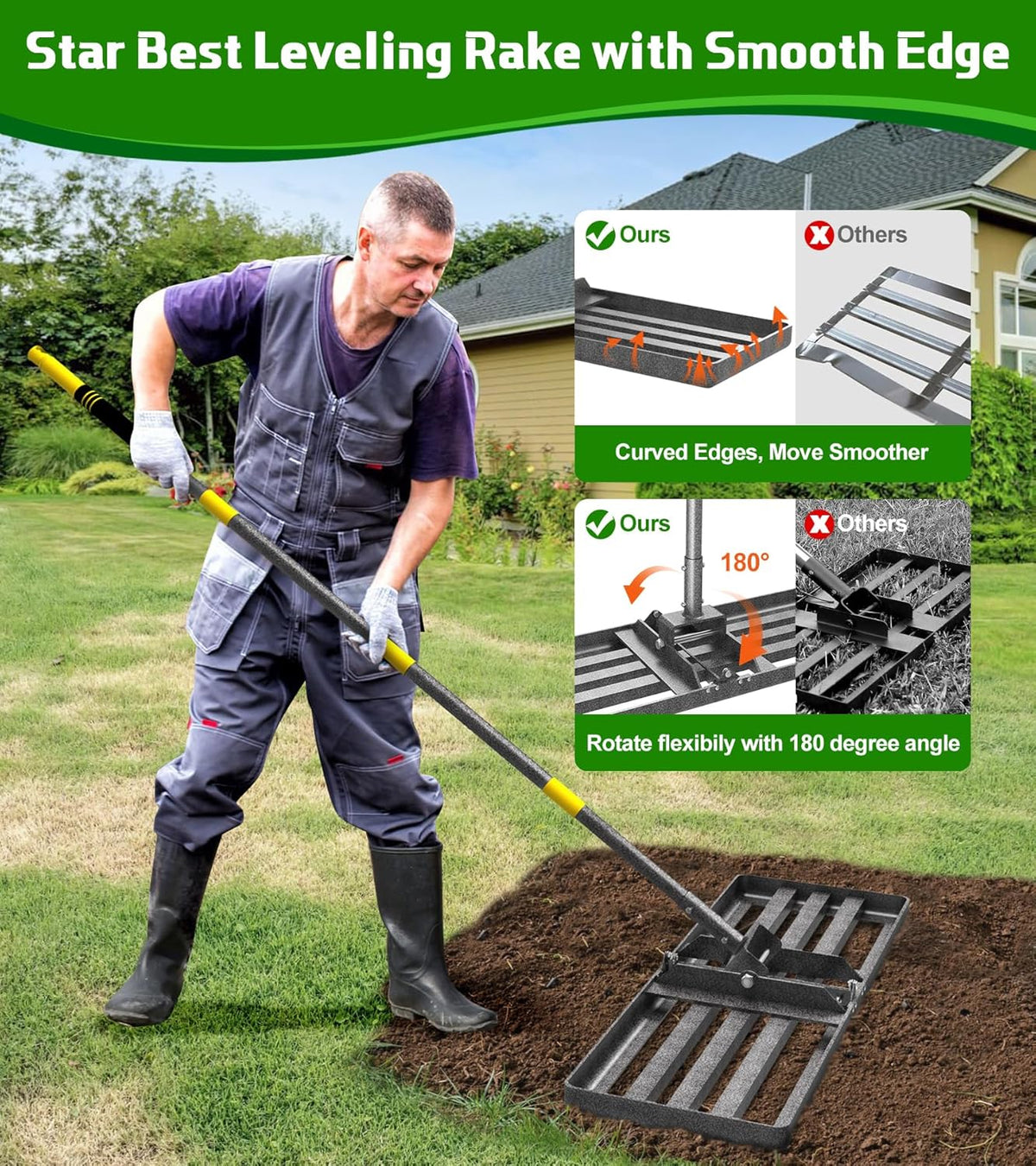 Lawn Leveling Rake 30x10 Inch , Heavy-Duty Yard Leveling Rake 6.2FT Leveler Tool for Soil, Sand &