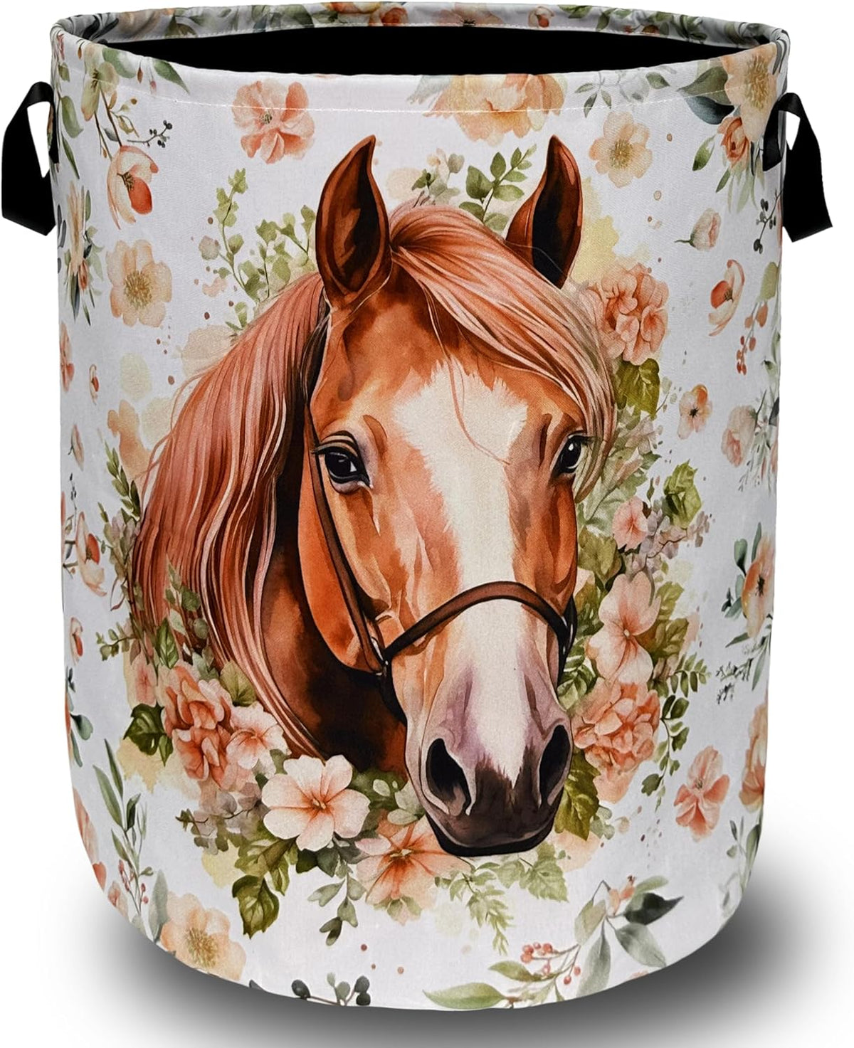 Watercolor Horse Laundry Basket Foldable With Handles Cute Animal Floral Tote Bag Oxford Cloth