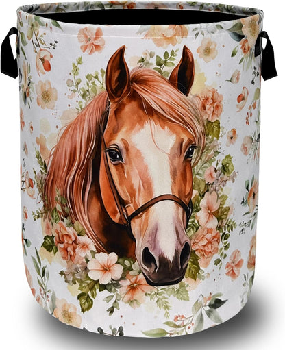 Watercolor Horse Laundry Basket Foldable With Handles Cute Animal Floral Tote Bag Oxford Cloth