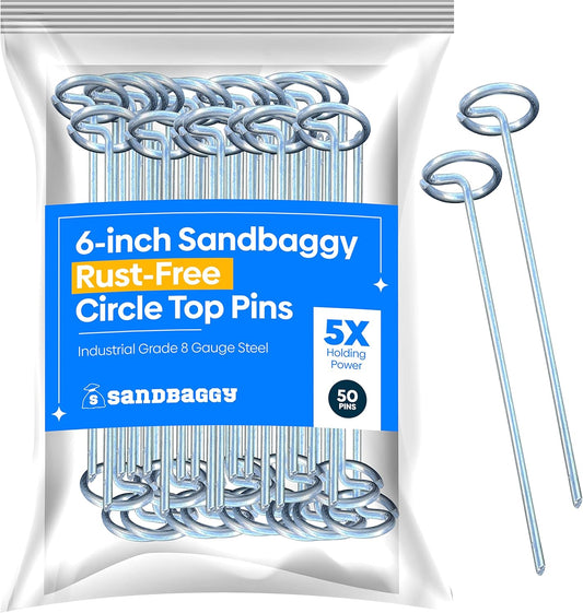 Sandbaggy 6-inch Circle Top Pins - Landscape Staples (Galvanized) - Garden Stakes for Landscaping