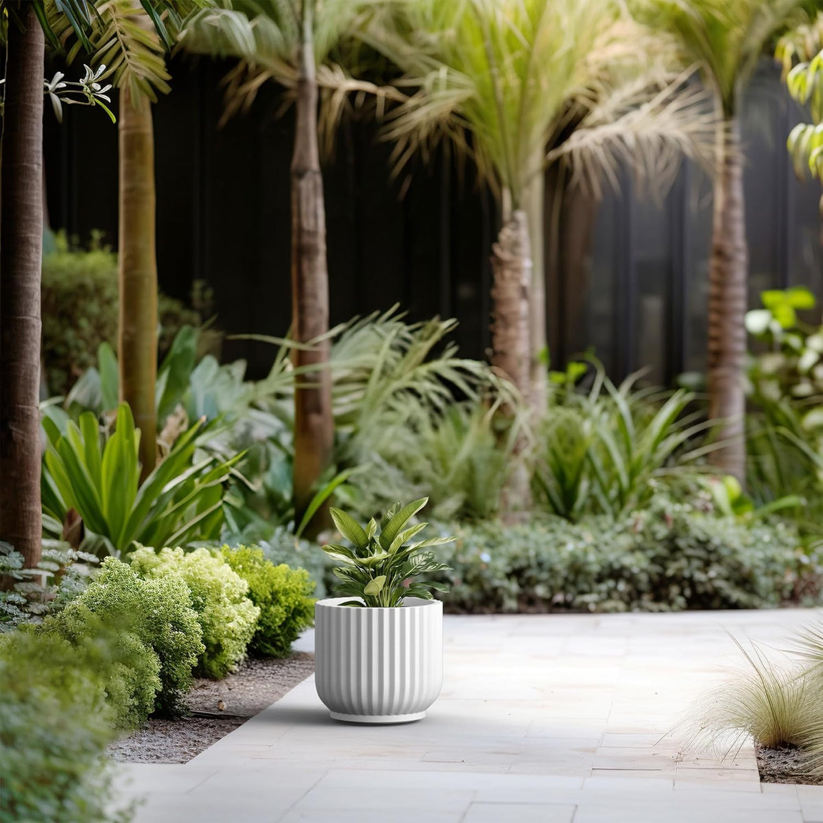 Kante Round Fulted Planter, 14 Inch Dia Large Concrete Plant Pots with Drainage Hole and Rubber