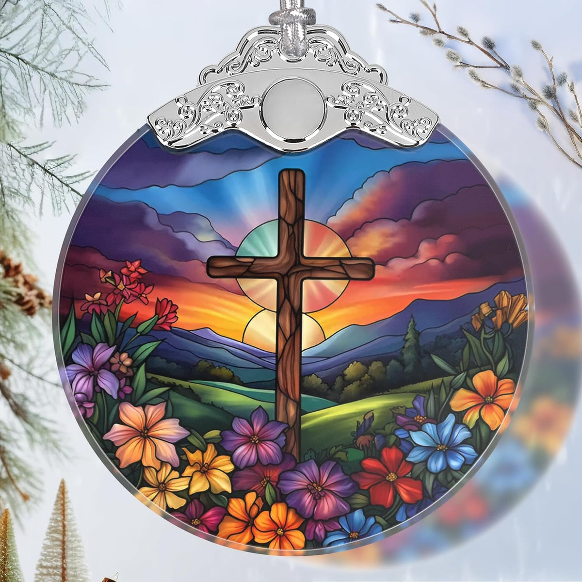 Cross Spring Flower Stained Glass Orament - Christmas Ornament - Christmas Decorations for Tree