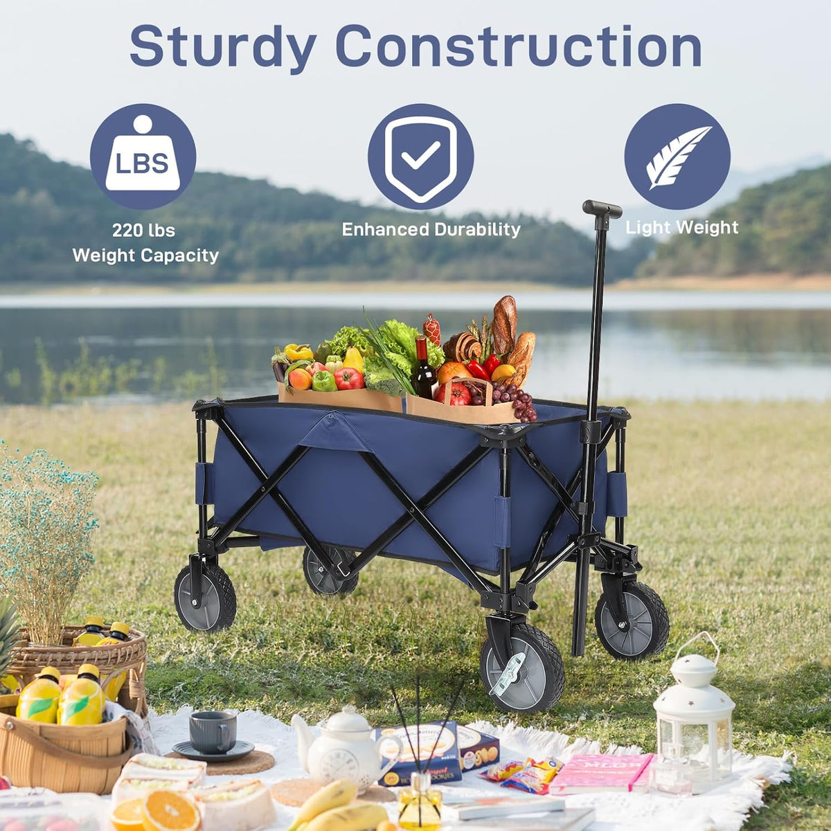 Collapsible Wagon, Beach with Big Wheels for Sand, Grocery Wagon All-Terrain Wheels Garden Grocery