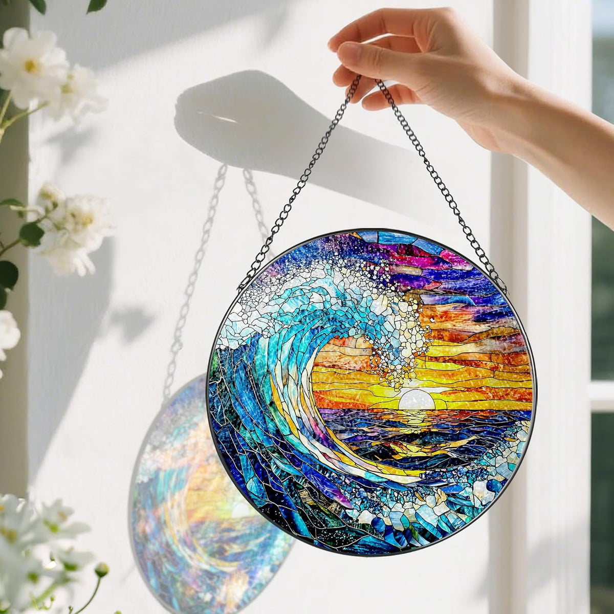 Stained Glass Window Hanging, Pauyadu 8 Inch Sea Waves Stained Glass Suncatcher, Sunset on The