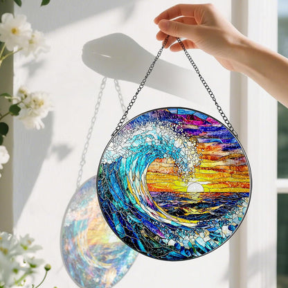 Stained Glass Window Hanging, Pauyadu 8 Inch Sea Waves Stained Glass Suncatcher, Sunset on The