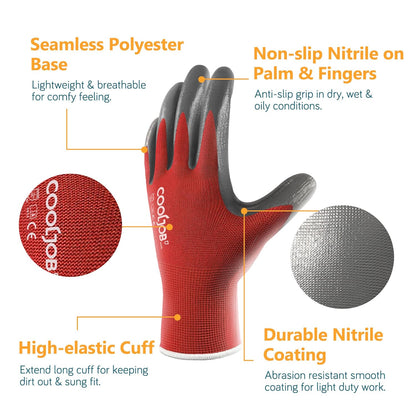 COOLJOB 10 Pairs Nitrile Dipped Safety Work Gloves with Grip, Non-slip Rubber Coated Bulk Garden