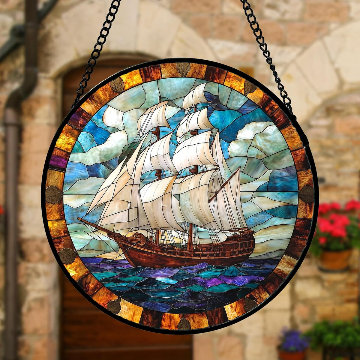 Stained Glass Window Hanging, Sailing Ocean Sun Catchers Glass Panel Navigation Suncatcher Decor
