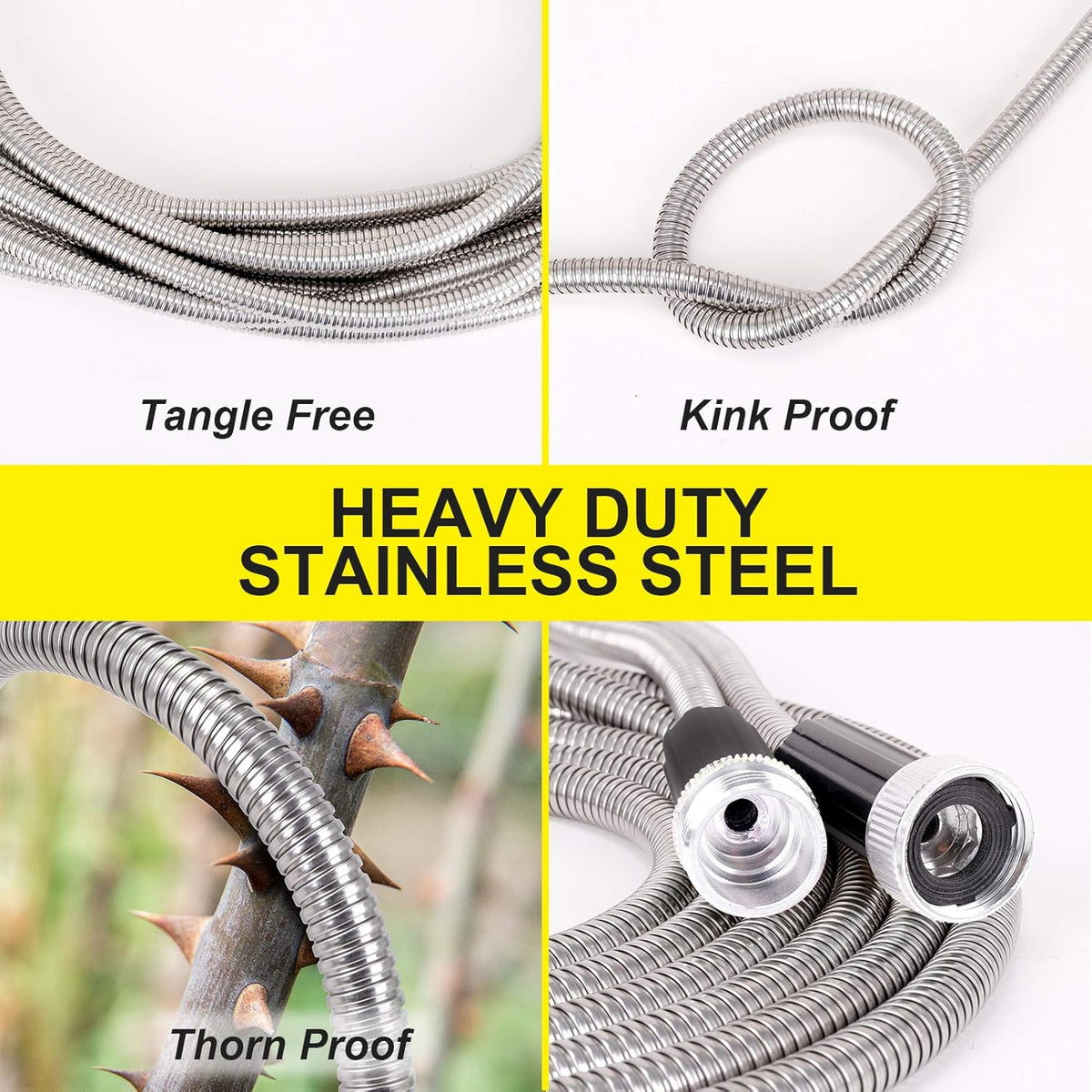 FOXEASE Metal water Hose 25 ft - Stainless Steel Water Hose with 2 Nozzles, Lightweight, Tangle