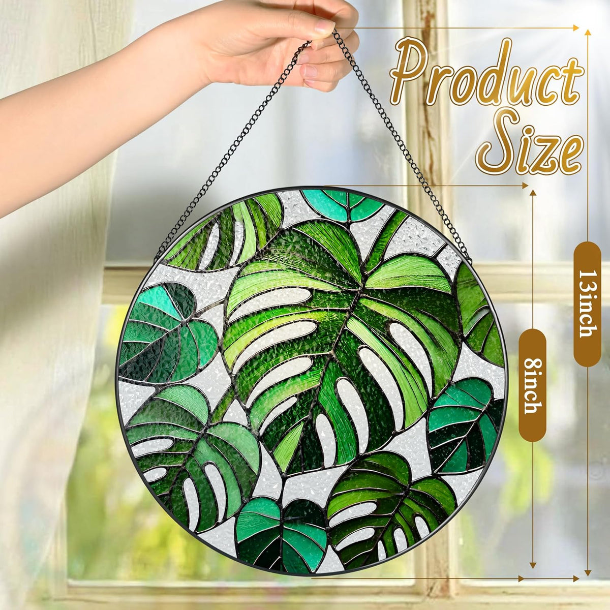 Stained Glass Window Hanging, 8 Inch Monstera Plant Stained Glass Suncatcher, Plant Sun Catcher