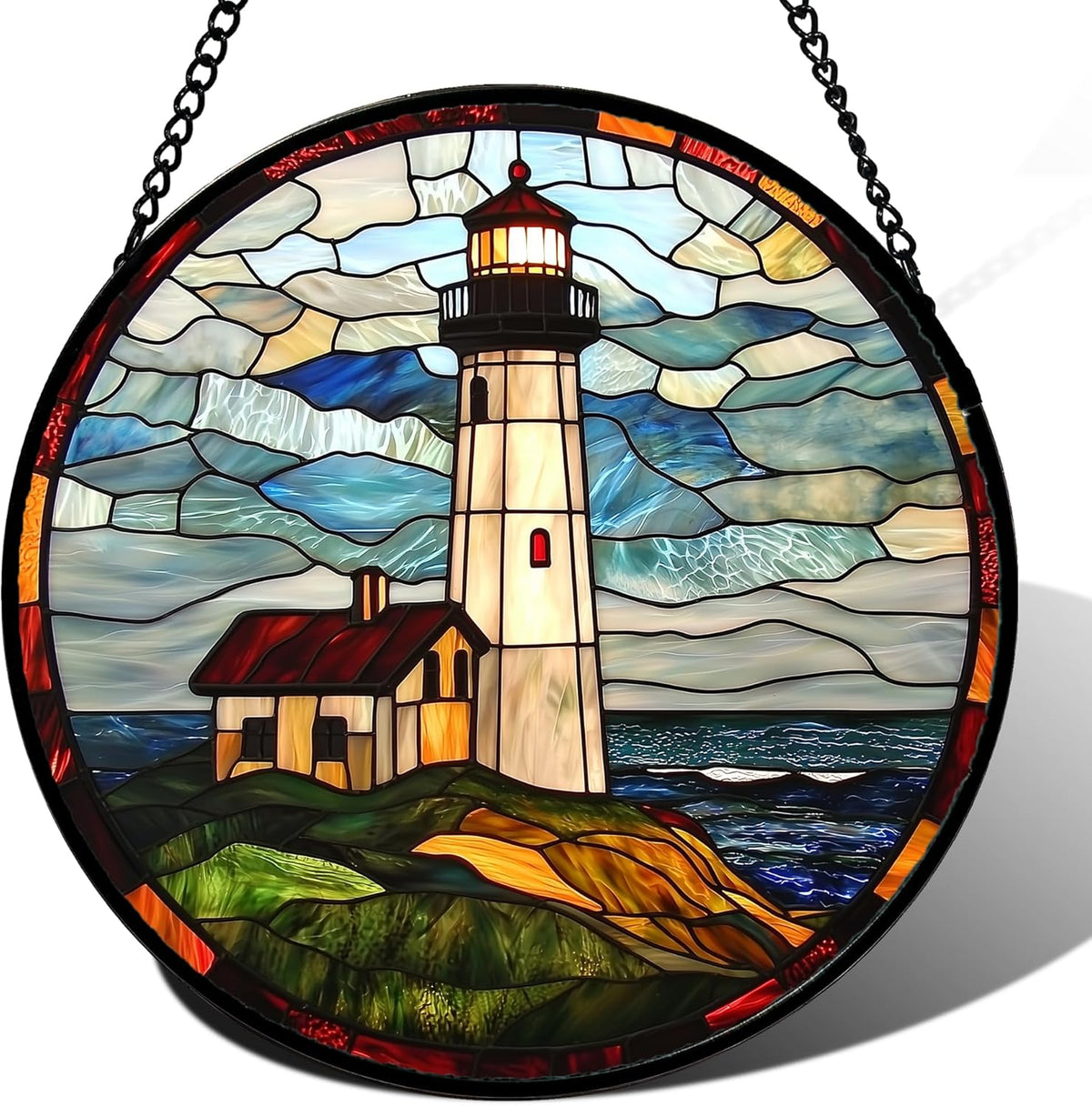 Stained Glass Window Hanging, Ocean Lighthouse Sun Catchers Glass Panel Blue Green Suncatcher Decor