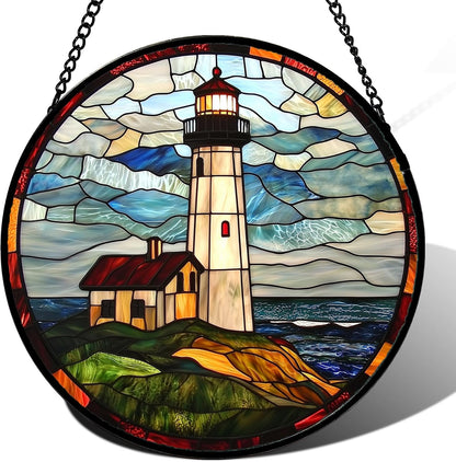 Stained Glass Window Hanging, Ocean Lighthouse Sun Catchers Glass Panel Blue Green Suncatcher Decor