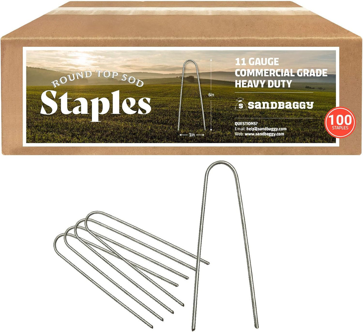 Sandbaggy Round Top 6-Inch Landscape Staples ~ SOD Garden Stakes Square Pin for Ground Cover Fabric