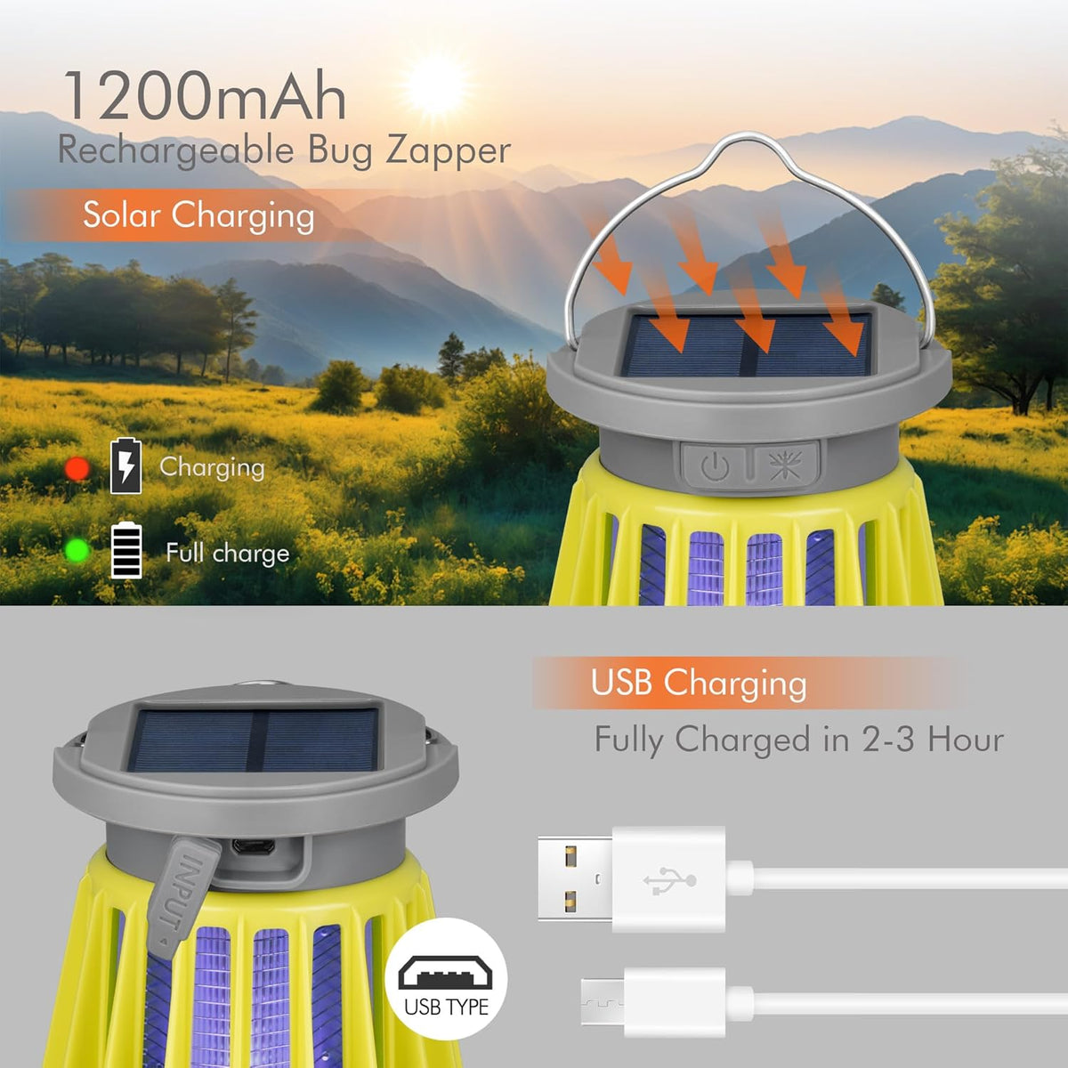 Solar Bug Zapper Outdoor Waterproof, Portable Mosquito Zapper, 2-in-1 Cordless & Rechargeable Bug