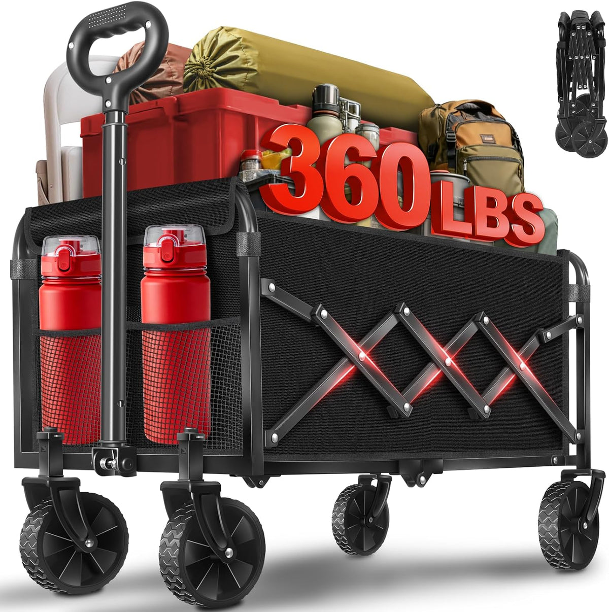 Collapsible Folding Utility Wagon Cart with Wheels, 360 Lbs Heavy Duty Outdoor Foldable Wagon with