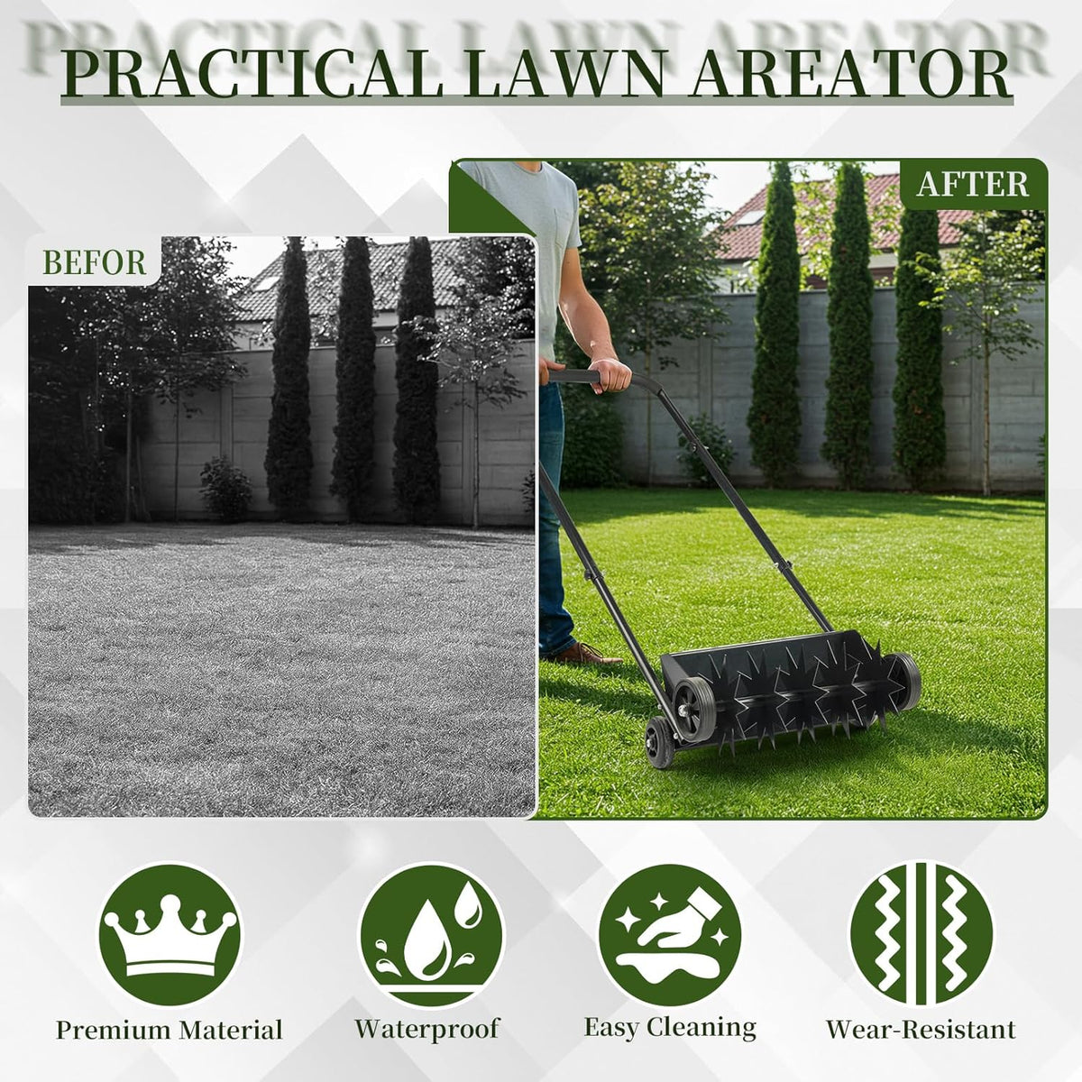 VINGLI Lawn Aerator, 19-Inch Heavy Duty Push Spike Aerator with 4 Wheels, Easy-to-Assemble, 45''