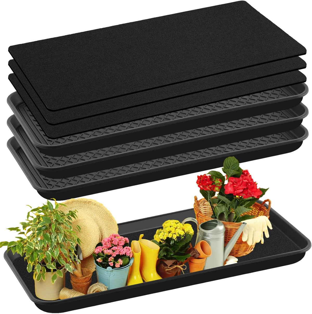 Vesici 3 Set/6 Pcs Large Self-Watering Plant Trays (30"x15") and 3mm Capillary Mat-Automatic