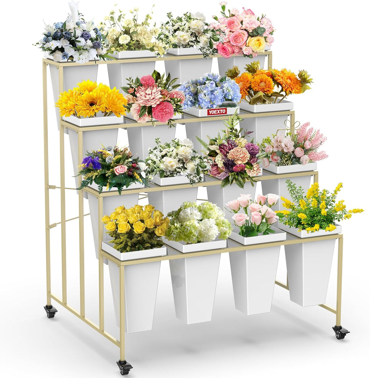 Flower Display Stand 4 Layers with 16 PCS Square Buckets, Plant Stand with Wheels, Movable Metal
