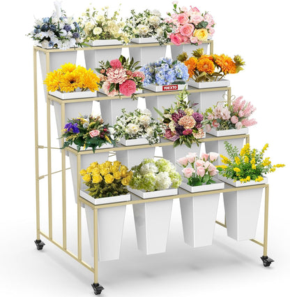Flower Display Stand 4 Layers with 16 PCS Square Buckets, Plant Stand with Wheels, Movable Metal