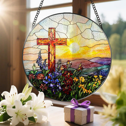 8 Inch Cross Sunset Suncatchers for Windows Hanging, Indoor Decor 8 Inch, Stained Glass Gift
