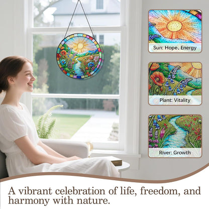 Stained Glass Window Hanging, Scenery Sun Catchers Stained Glass Panels for Indoor Windows Wall Art