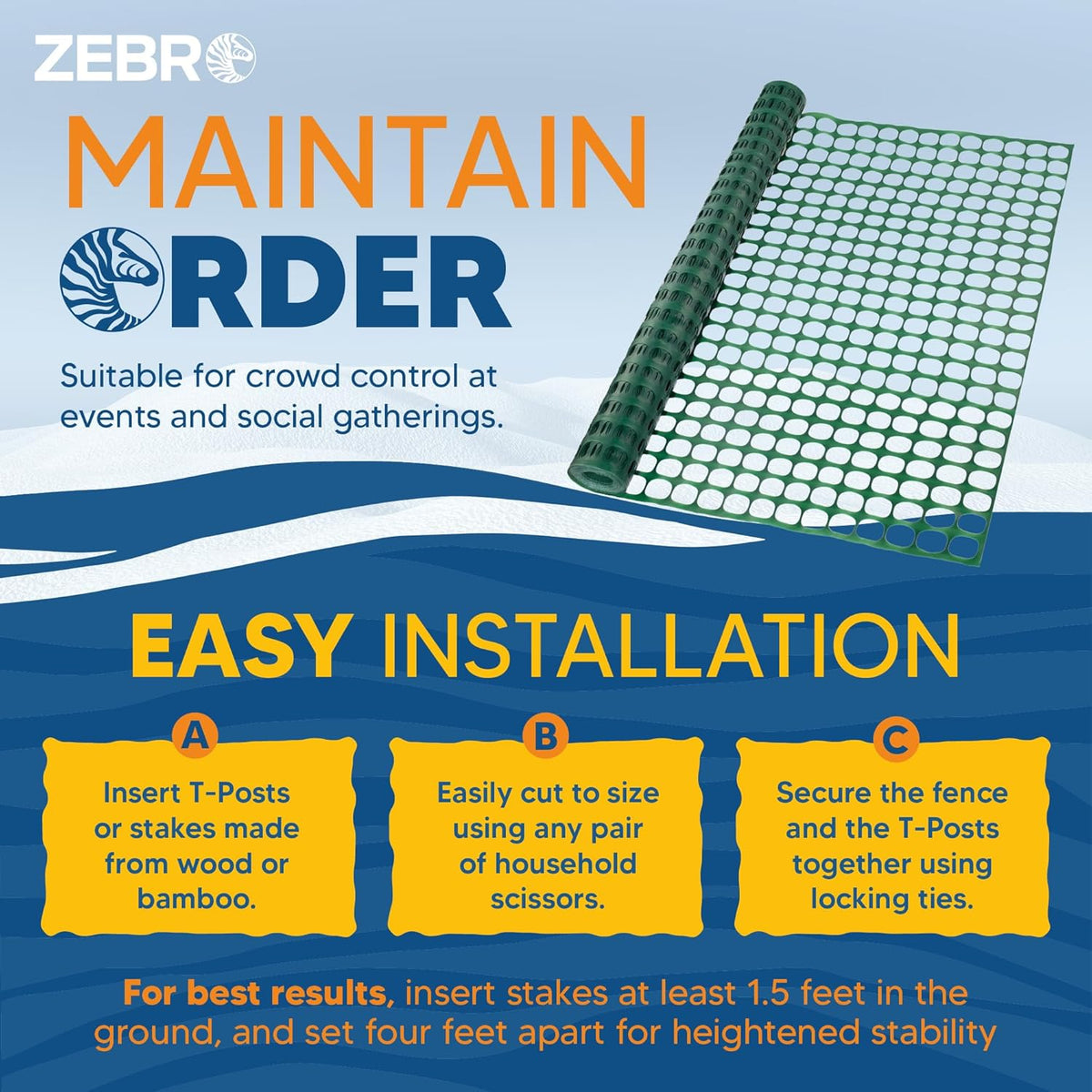 ZEBRO 4' x 100' Green Plastic Garden Fence Roll – Standard Duty Safety Netting for Snow, Poultry