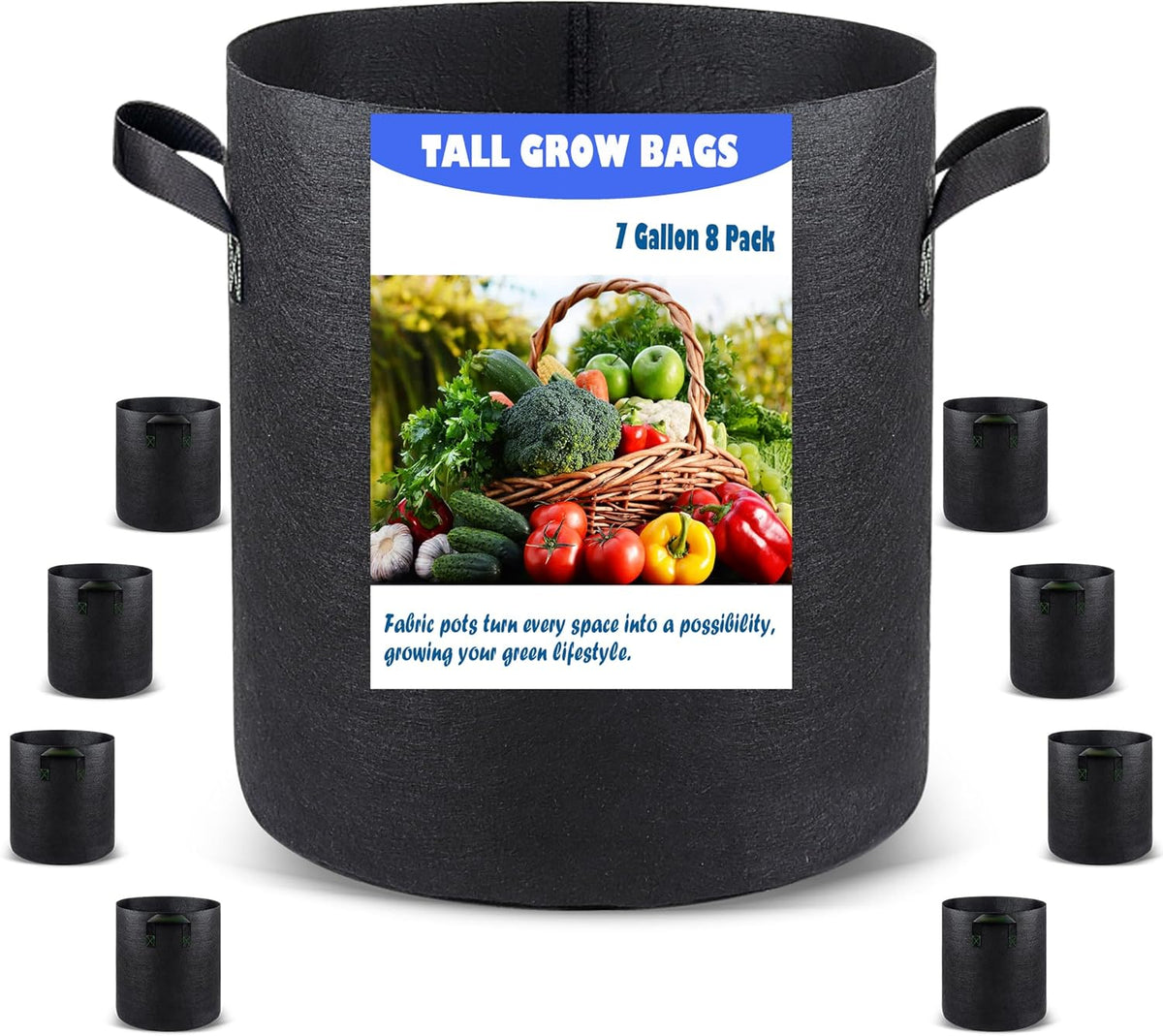 7 US Gallon 8 Pack Tall Grow Bags for Vegetables, Heavy Duty Nonwoven Aeration Fabric Deep Grow