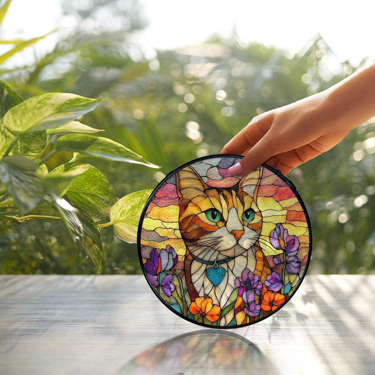 Cat Flower Suncatcher Stained Glass Window Hanging, Orange Cat Sun Catchers Indoor Window Glass