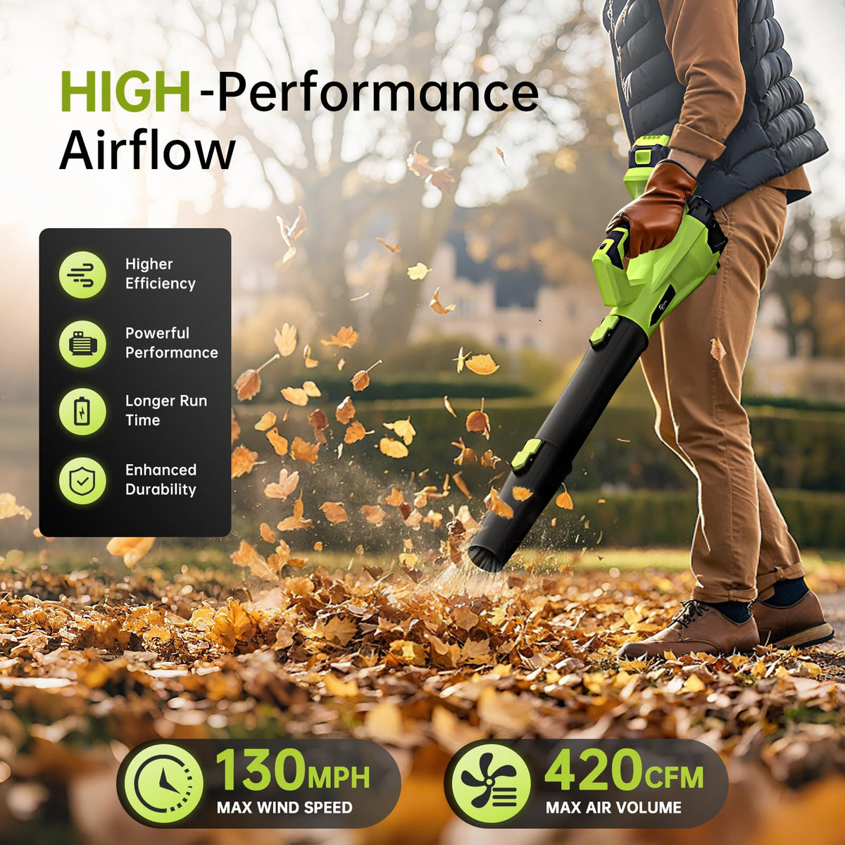 Leaf Blower Cordless, Electric Blower with 2×4.0Ah Batteries & Charger, 6-Speed, Powerful