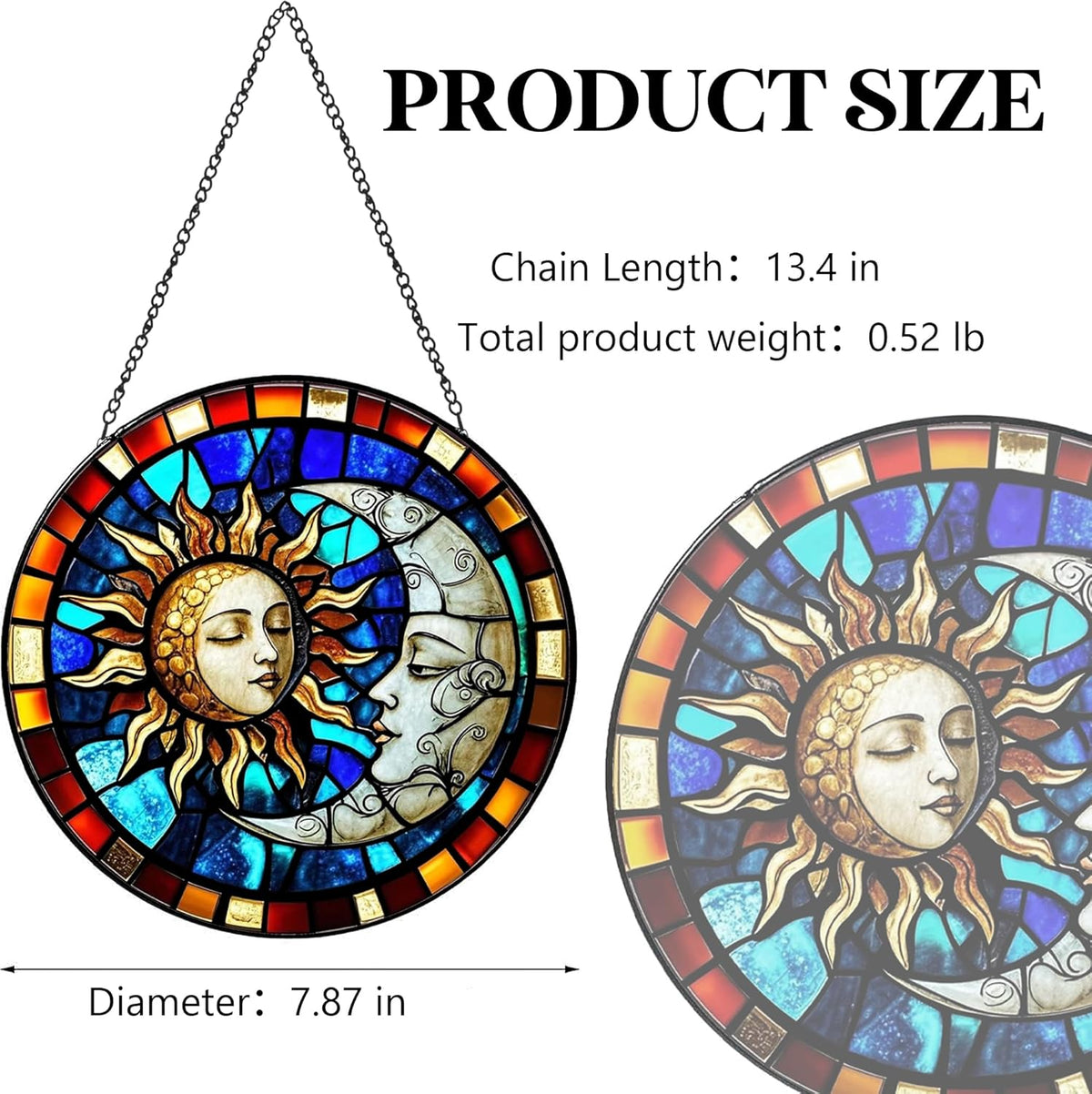 Sun and Moon Decorative Stained Glass Sun Catcher - Handcrafted 7.87 Inch Celestial Decoration