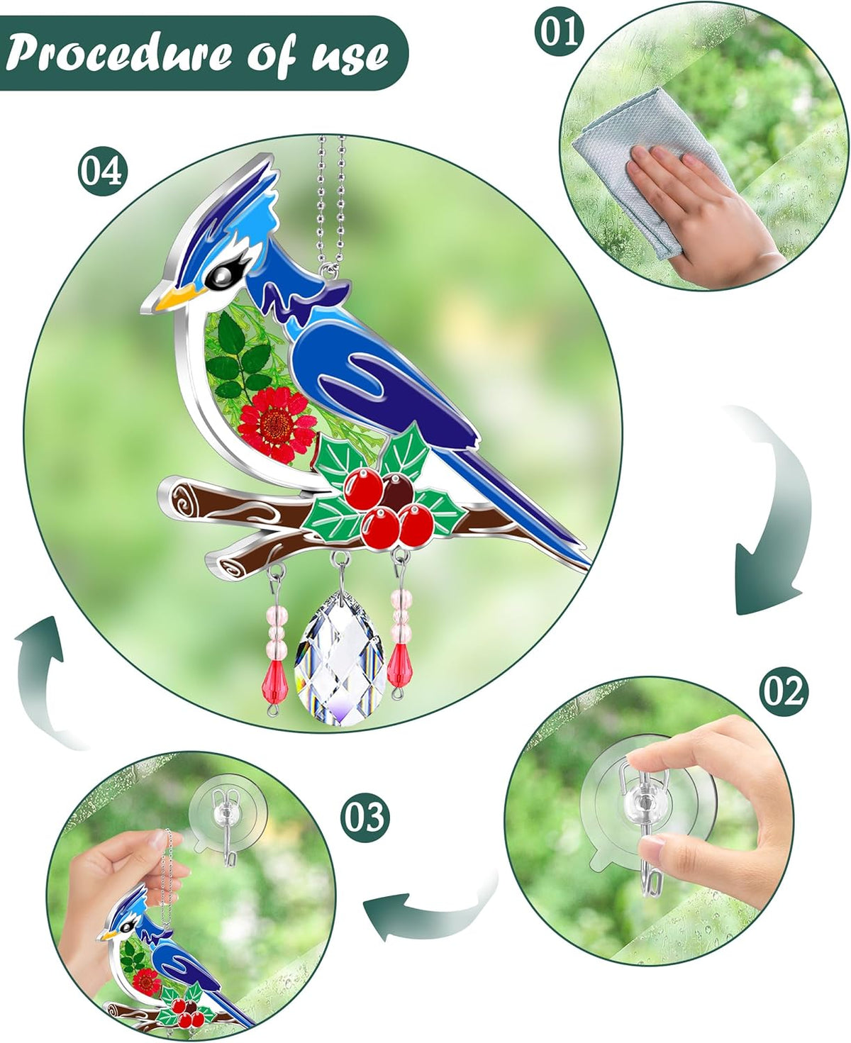KY&BOSAM Blue Bird Suncatcher Gifts for Mom Hand Painted Stained Glass for Windows Hanging Wind