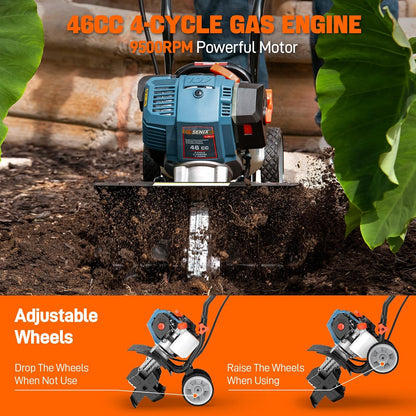 SENIX 4QL 4-Cycle Gas Powered Tiller Cultivator, 46cc Full Crank Engine, 15-Inch Tilling Width