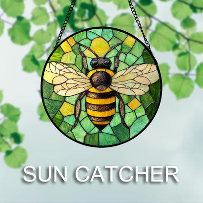 Stained Glass Window Hanging 4 Pcs Set Green Plants Yellow Insect Theme 6.3" - Suncatcher Door