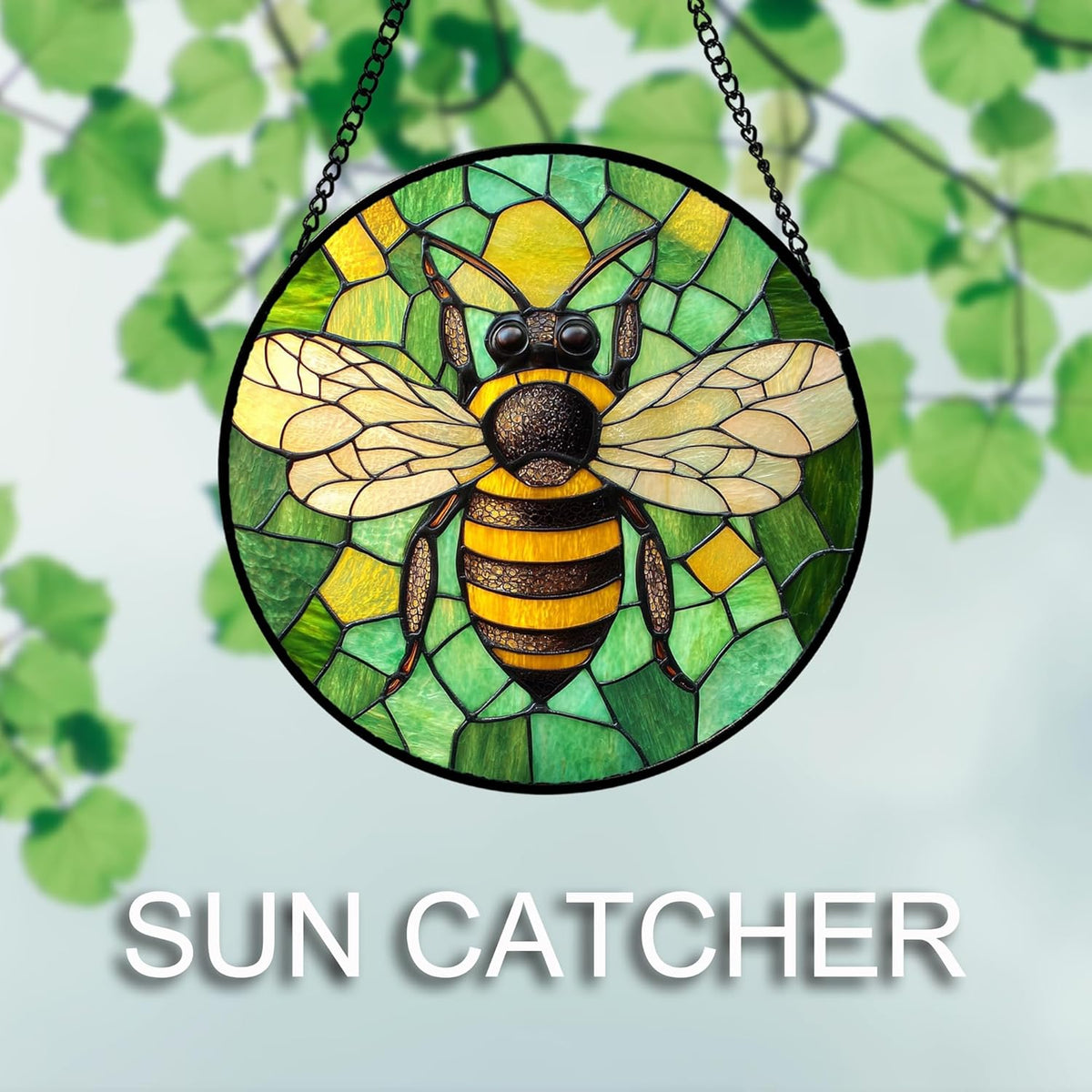Stained Glass Window Hanging 4 Pcs Set Green Plants Yellow Insect Theme 6.3" - Suncatcher Door