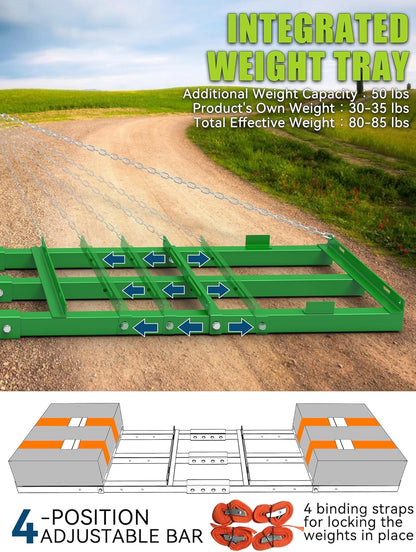 8ft Heavy Duty Drag Harrow for ATV, UTV, Tractor - Adjustable Tow Behind Leveling Rake with Weight