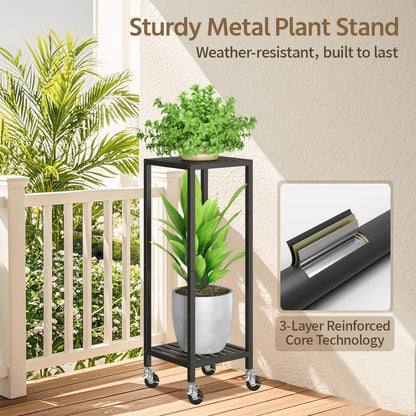 LASZOLA 2 Tier Black Metal Plant Stand Indoor Outdoor with Wheel for Large Planter, Modern Heavy