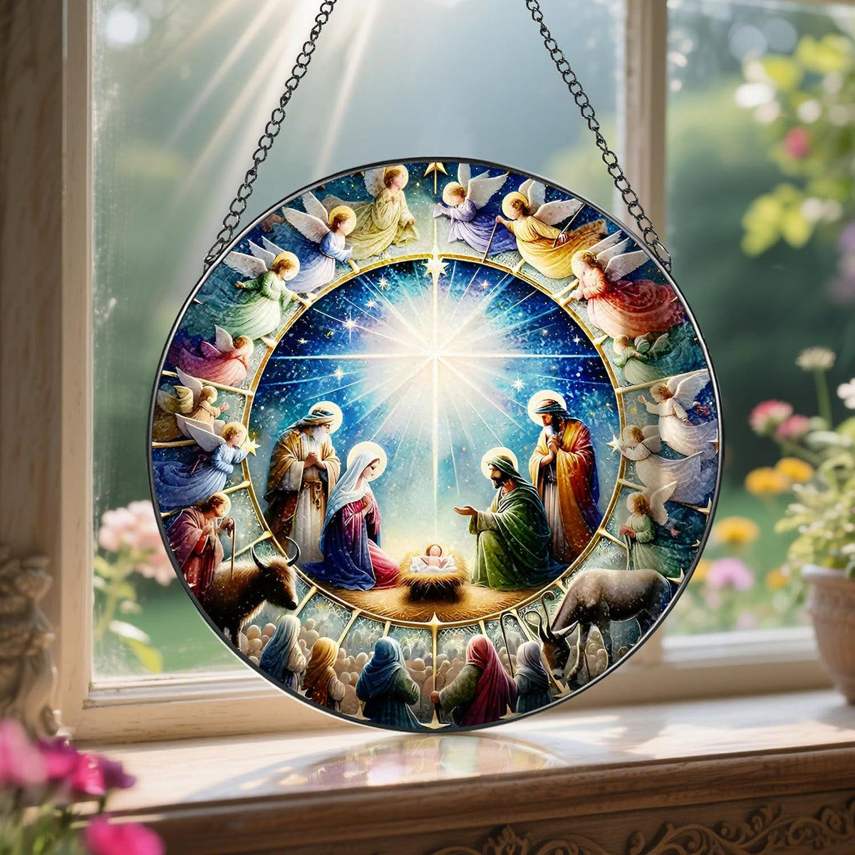 Stained Glass Window Hanging, LAOWEIKI 8'' Nativity Scene Suncatcher, Stained Glass Ornament