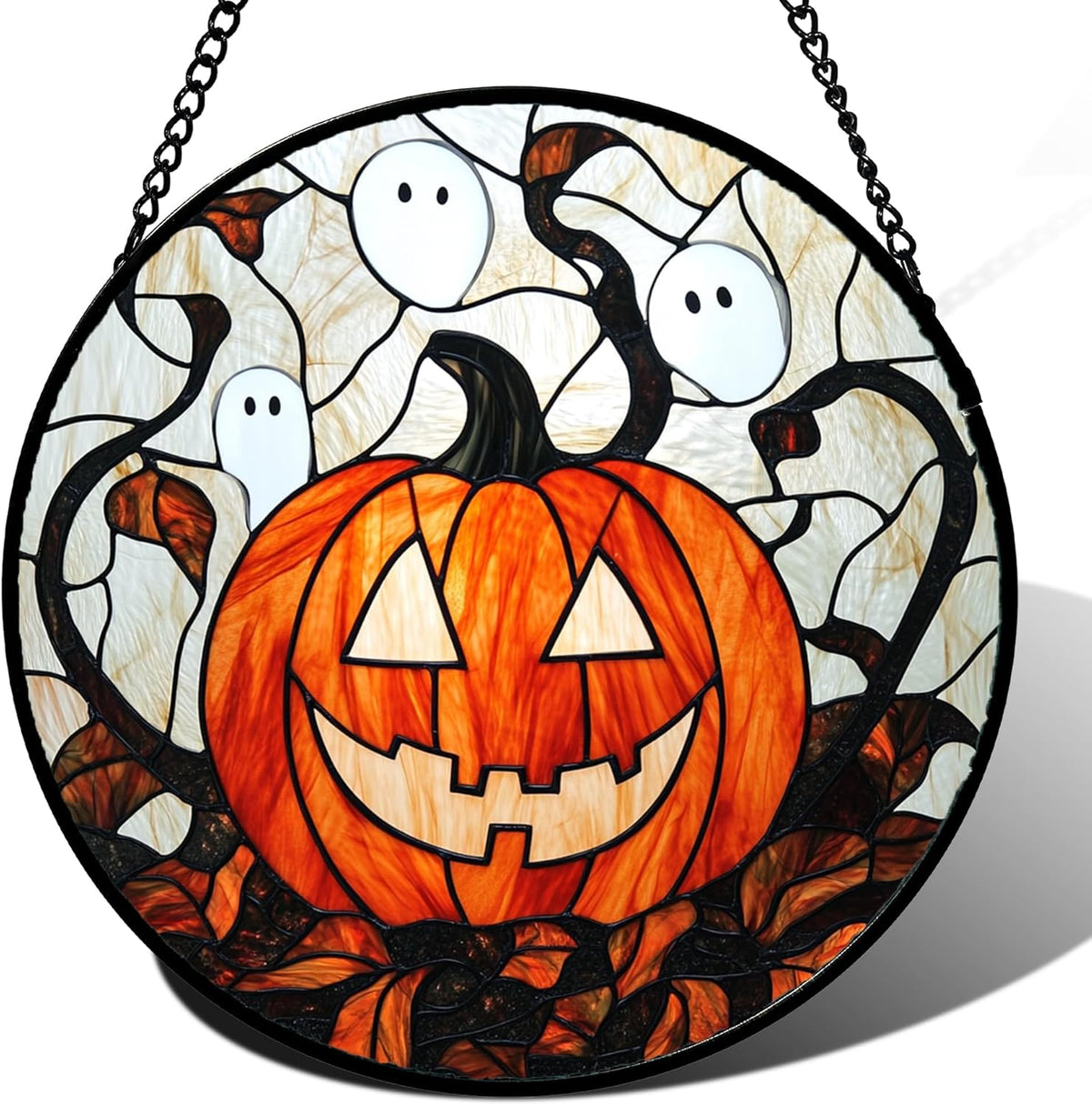 Stained Glass Window Hanging - Halloween Decorations Pumpkin Ghost Suncatcher for Doors Garden