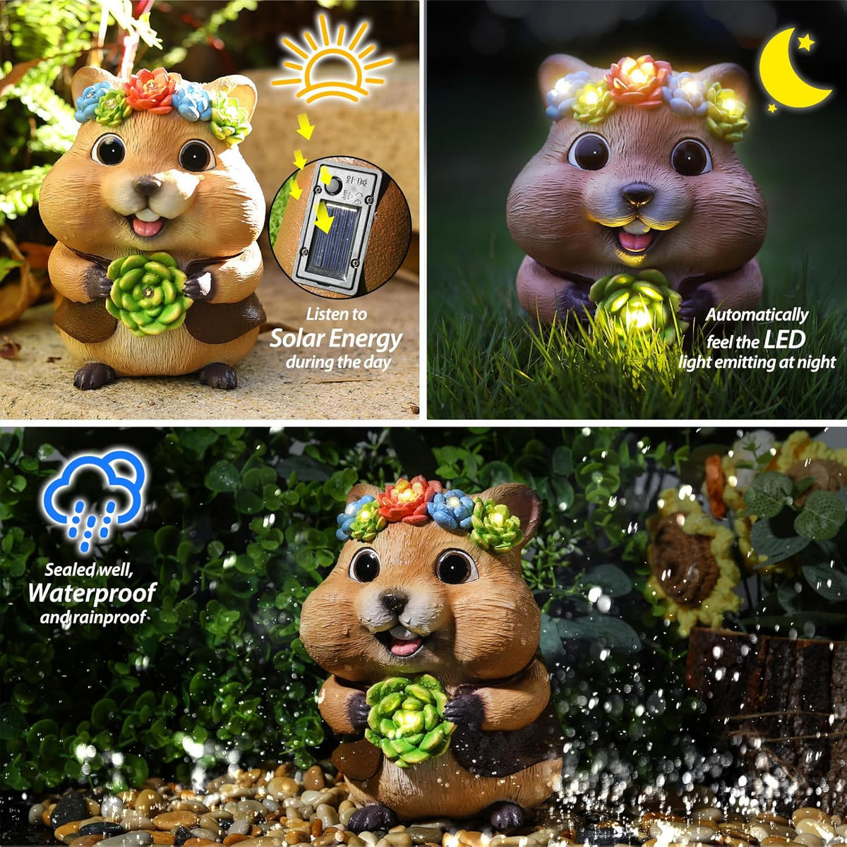 Solar Garden Decor Outdoor Statues Hamster with Succulent and LED Lights Birthday Gifts for Women