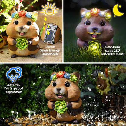 Solar Garden Decor Outdoor Statues Hamster with Succulent and LED Lights Birthday Gifts for Women