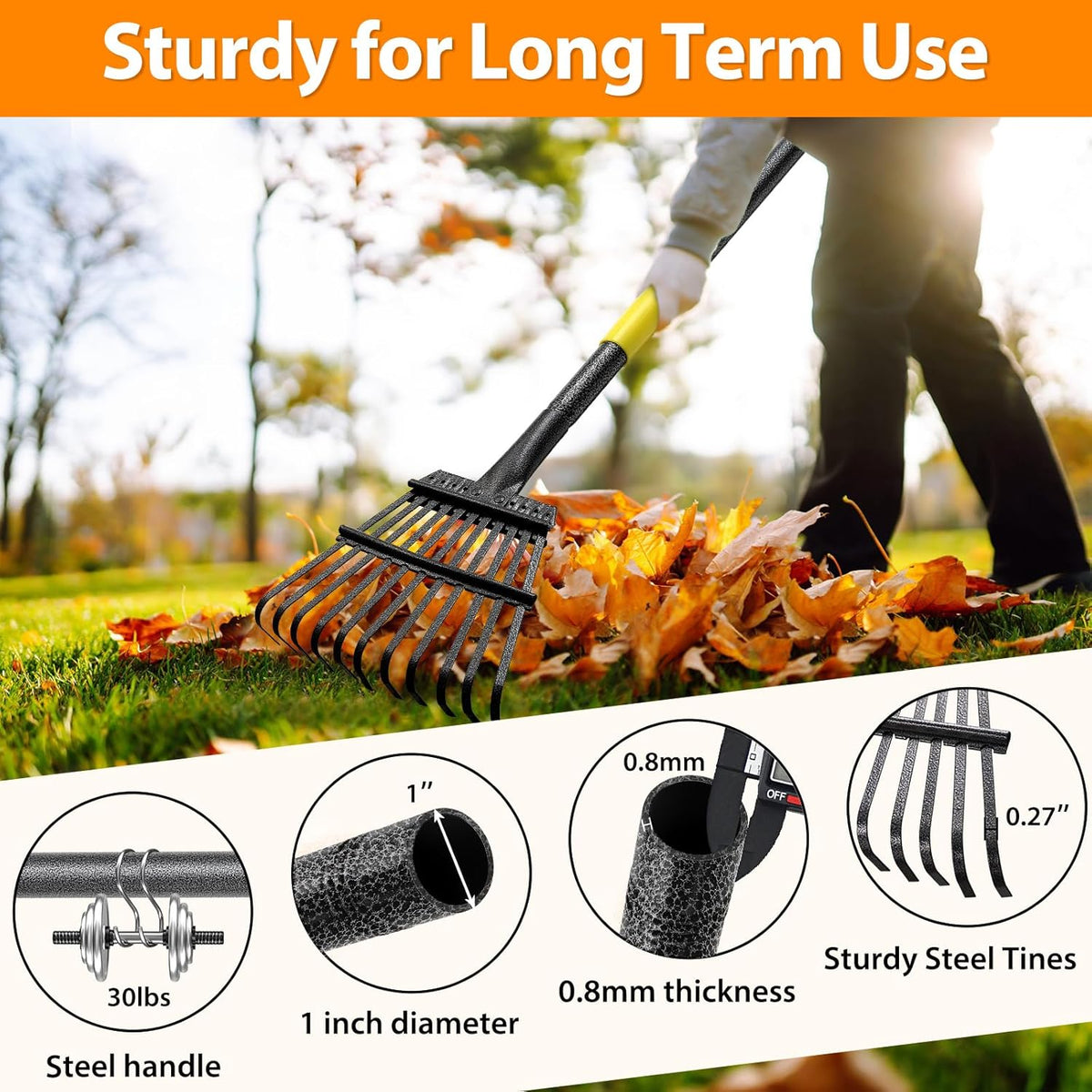 Garden Rake for Leaves, 65 inch Long Rake, 11 Tines Small Narrow Rake, Heavy Duty Metal Leaf Rakes